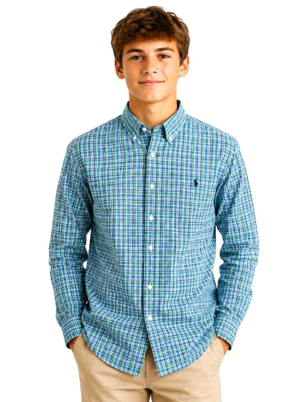 Ralph Lauren Blue Green Plaid Cotton Long Sleeve Shirt
